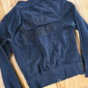 Harley Davidson Size S Charcoal Gray Cotton Bomber Jacket Classic Logos